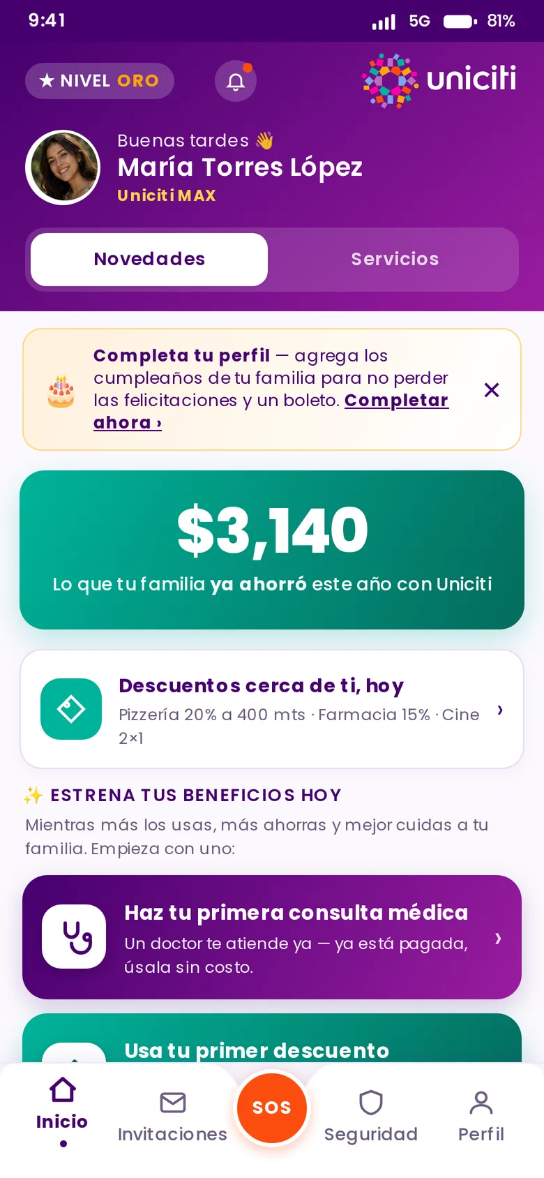Pantalla de inicio de la app Uniciti