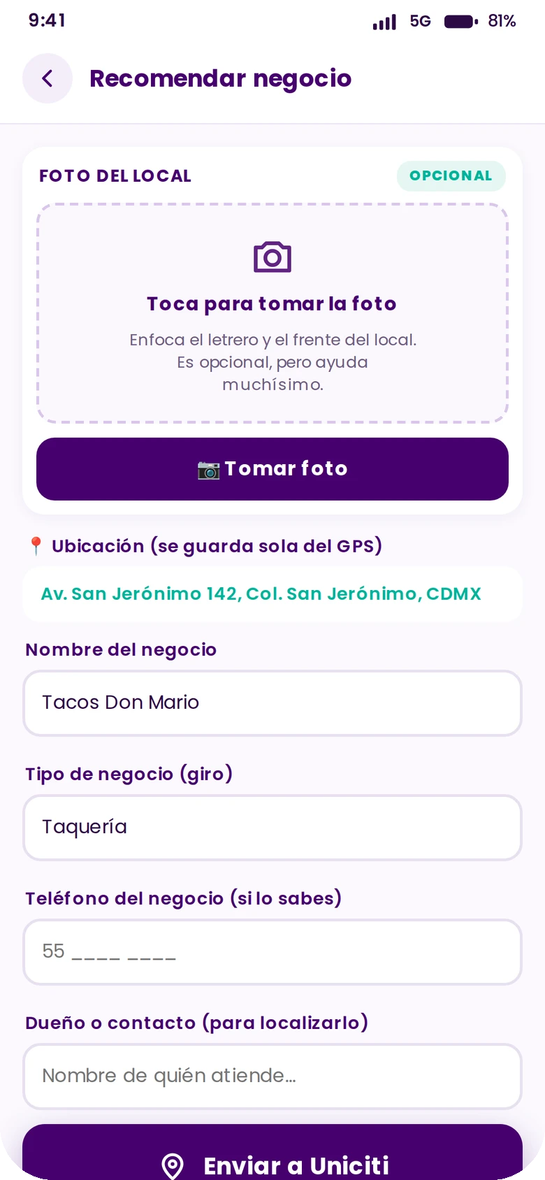 Pantalla Recomendar negocio en la app Uniciti