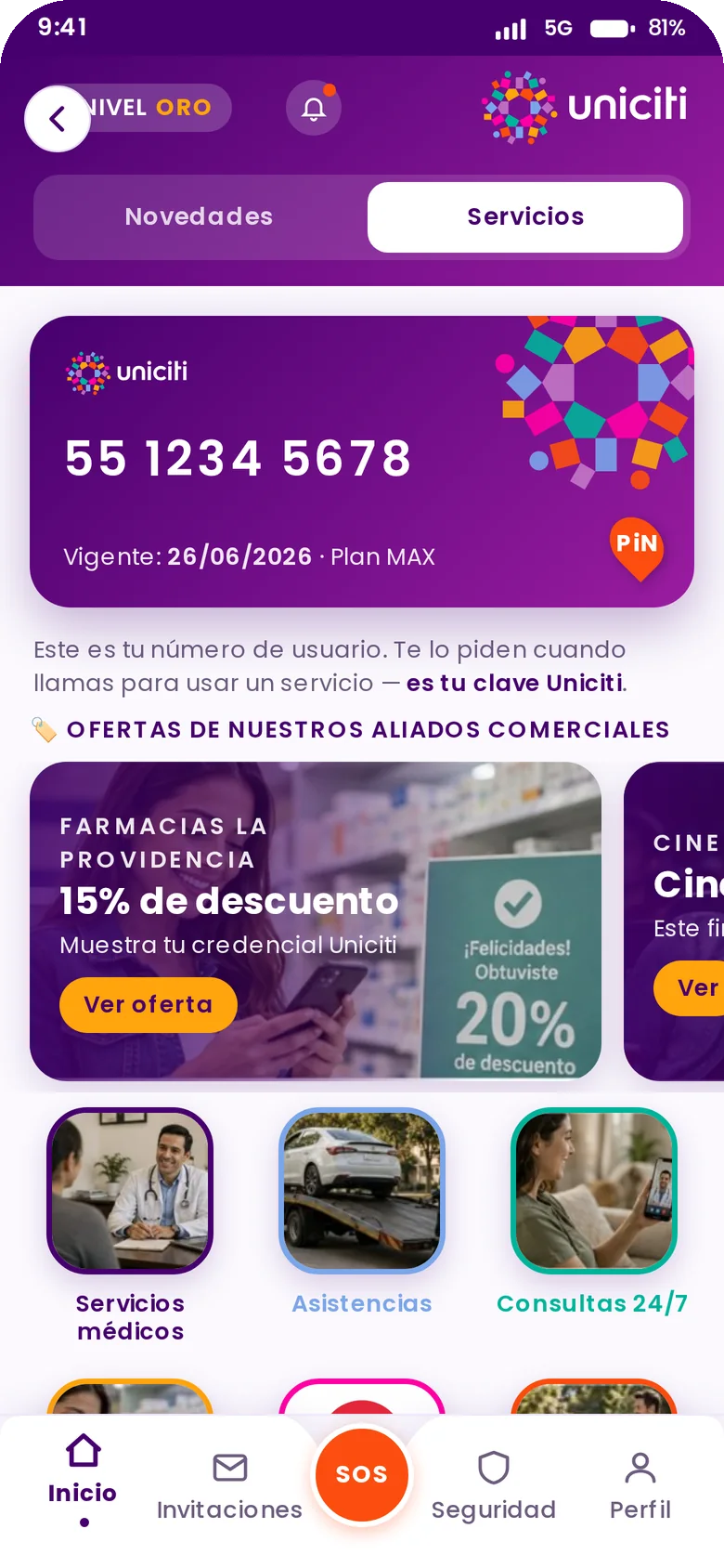 Pantalla de servicios de la app Uniciti