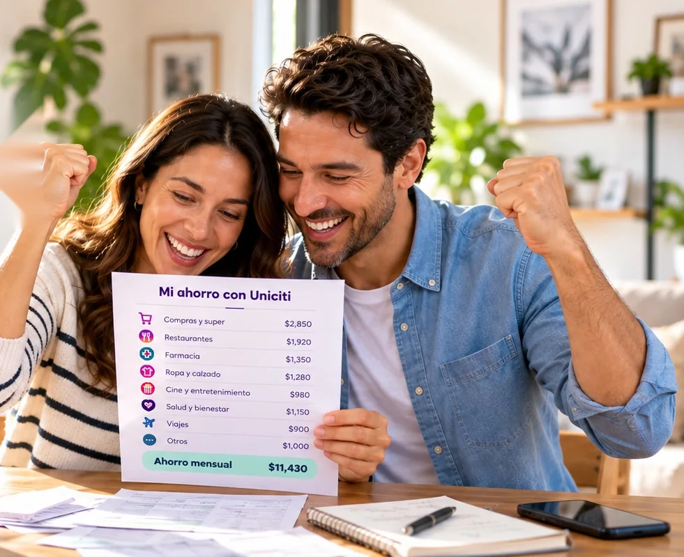 Pareja celebrando su ahorro mensual con Uniciti