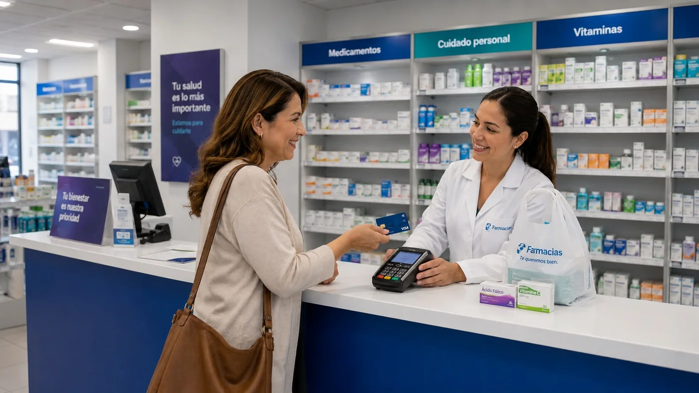 Familia pagando en la farmacia con descuento