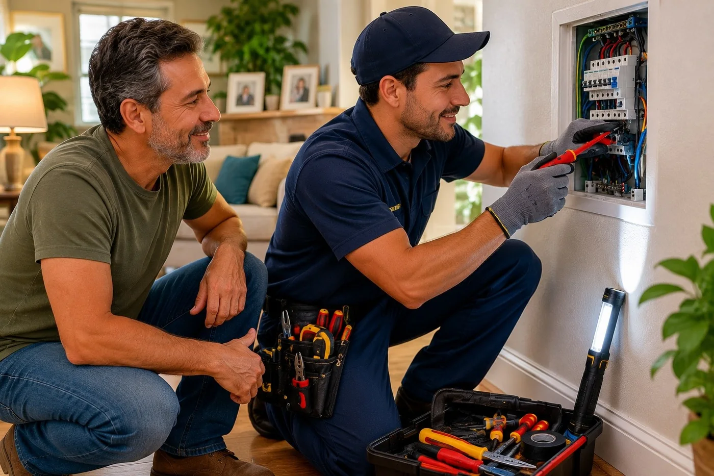 Electricista reparando en casa