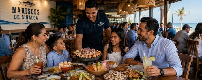 Familia comiendo en un restaurante